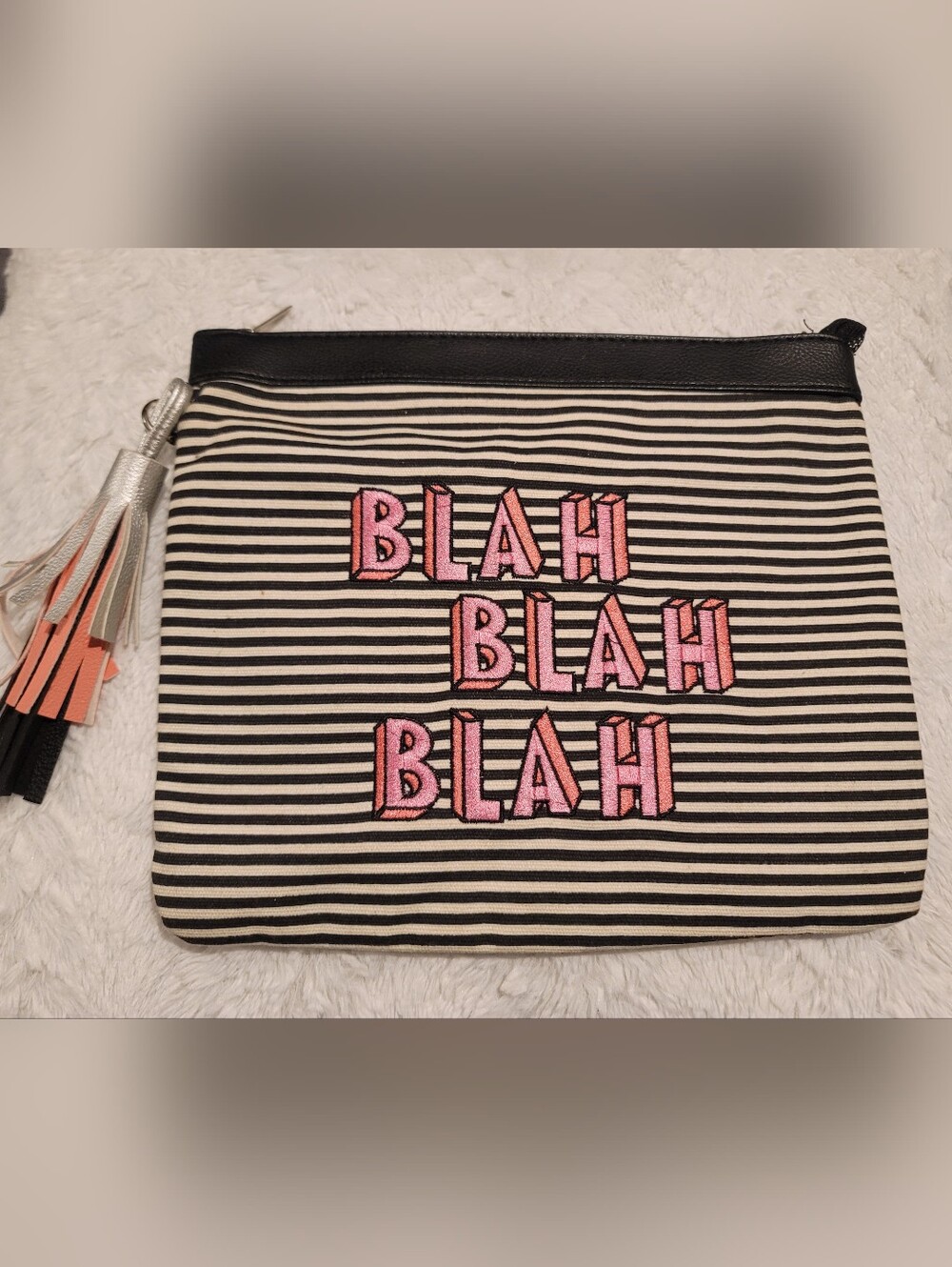 Large Striped Wristlet Clutch with Pink 'BLAH' Embroidery